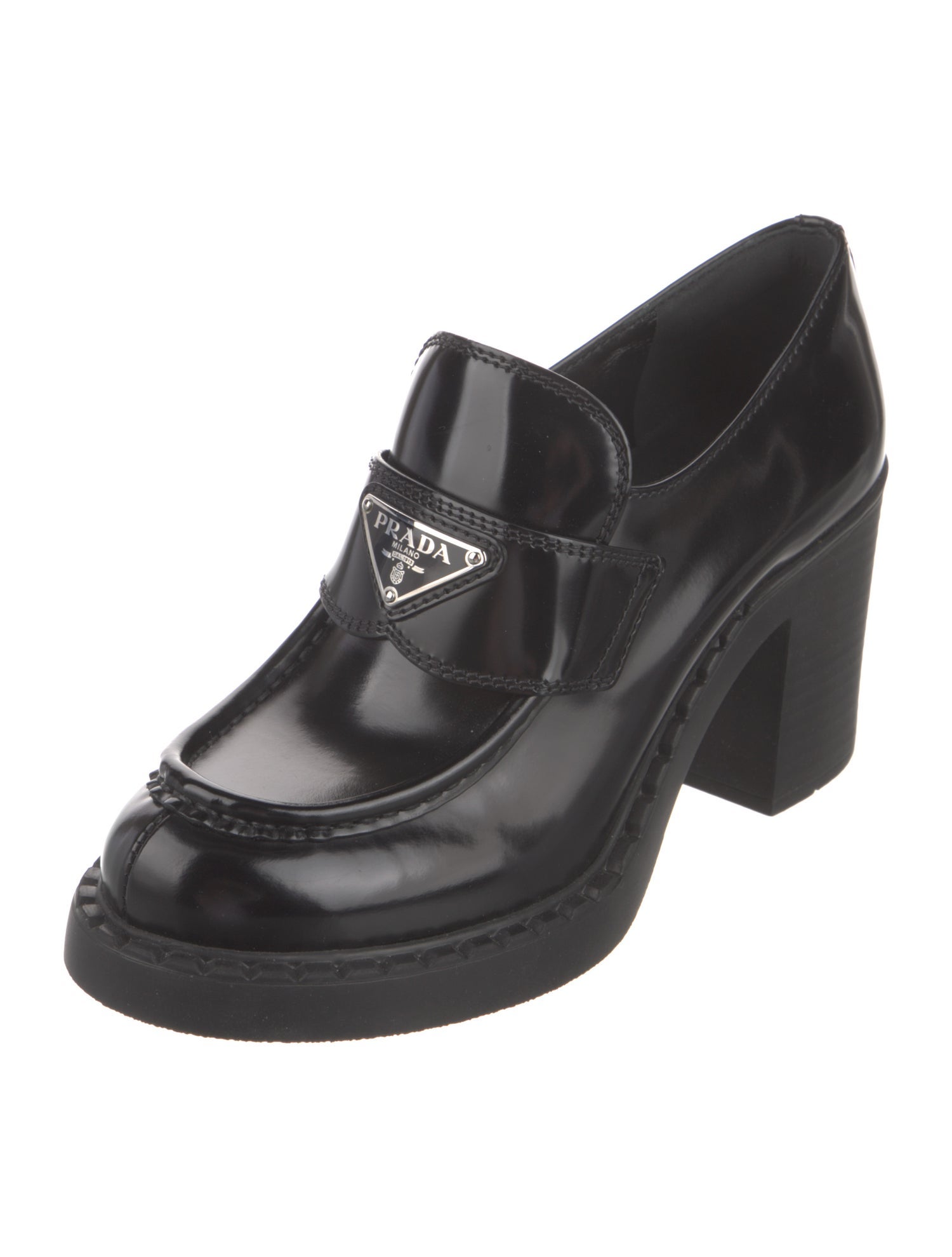 Prada Enameled Metal Triangle Leather Pumps